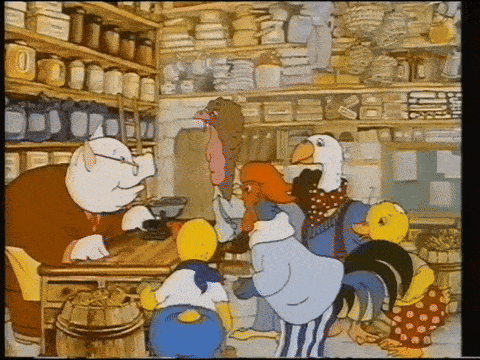 a group of cartoon characters are standing around a table in a shop
