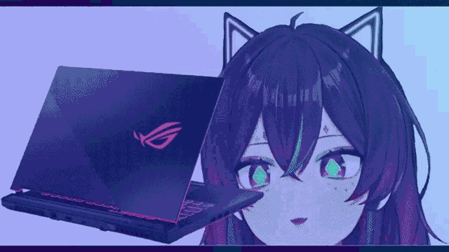 a girl with cat ears looks at a laptop