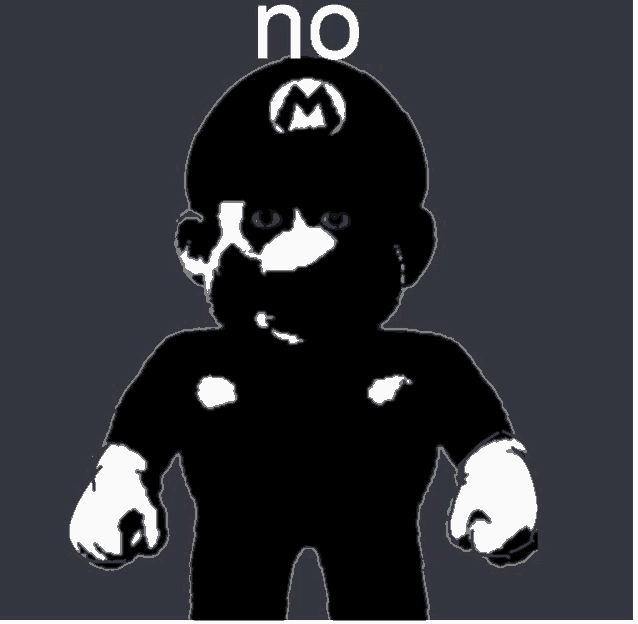 a black and white image of a mario character with the word no written above him
