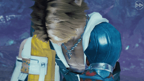 a close up of a video game character with a play button in the upper right corner