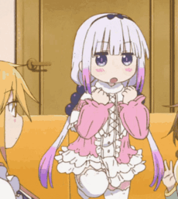 a girl with white hair and purple hair is wearing a pink and white outfit