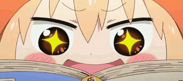 a close up of a cartoon character 's eyes with a yellow star in them