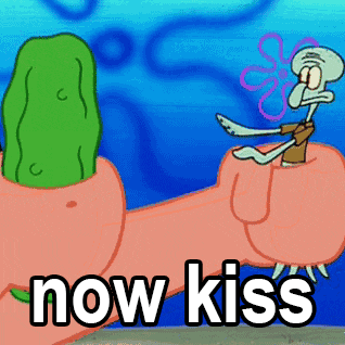 a cartoon of squidward sitting on patrick 's finger with the words now kiss above him