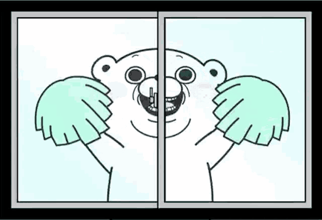 a cartoon polar bear is looking out of a window and holding a pom pom .