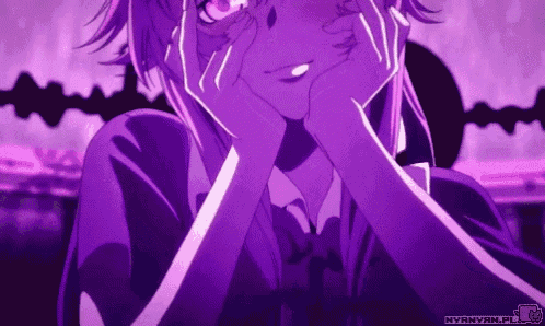 a purple anime character is covering her face with her hands