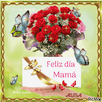 a picture of a bouquet of red roses and a card that says feliz dia mama