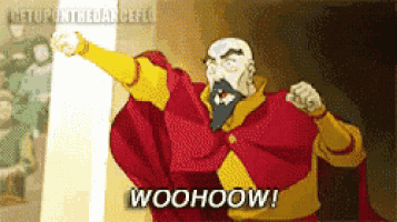 a cartoon character says woohoow in front of a group of children