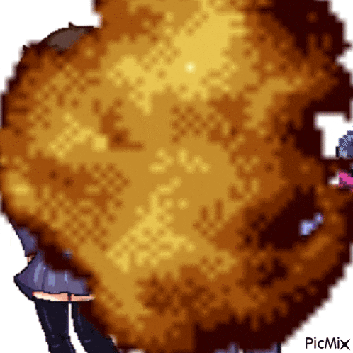 a pixel art illustration of a girl standing in front of a giant explosion .