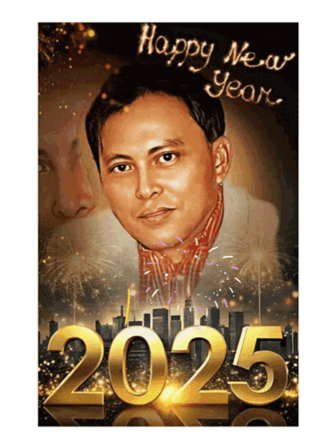 a poster that says happy new year with a picture of a man and the year 2025