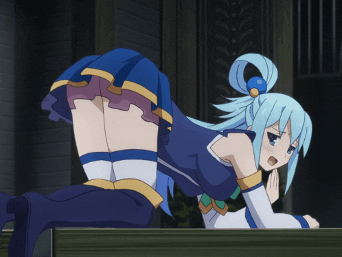 a girl with blue hair and knee high socks is laying down