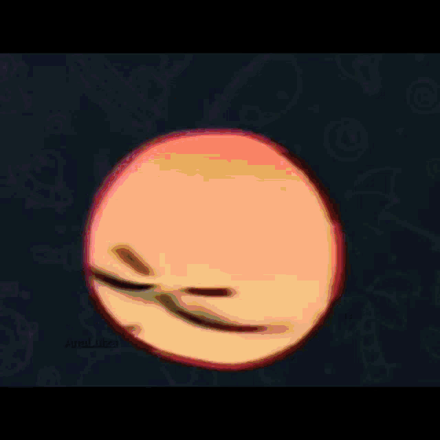a cartoon smiley face with purple eyes and a heart in the background .