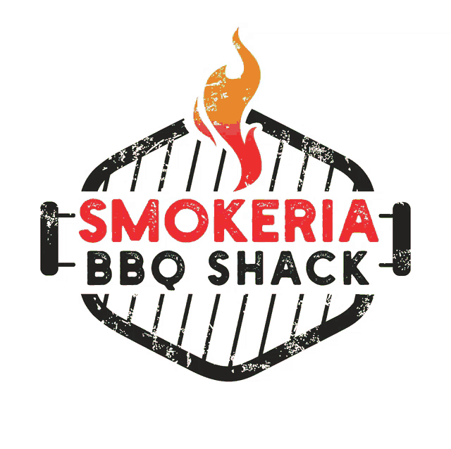 a logo for smokeria bbq shack shows a grill with a flame coming out of it
