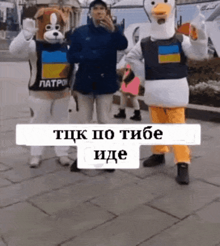 a group of mascots are standing next to each other on a sidewalk and one of them is wearing a dog costume .