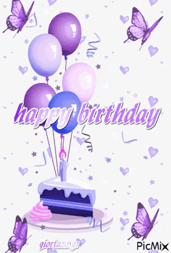 a birthday card with purple butterflies and purple balloons