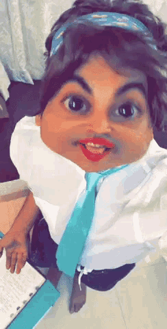 a person wearing a white shirt and a blue tie making a face