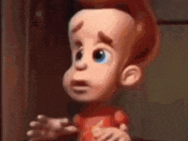 a close up of a cartoon character with a surprised look on his face .