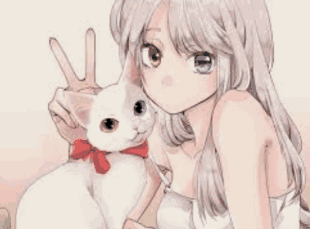 a girl is holding a white cat with a red bow on it .