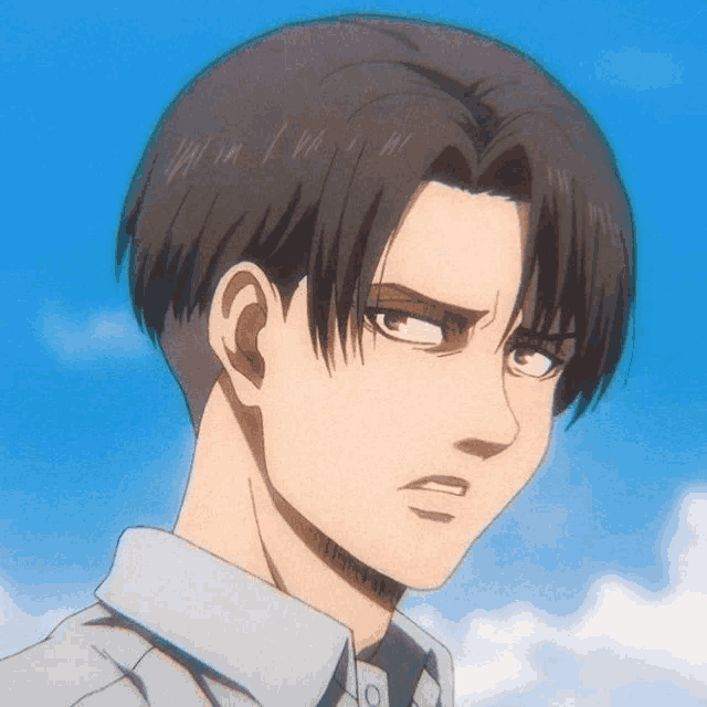 a close up of a person 's face with a blue sky behind them
