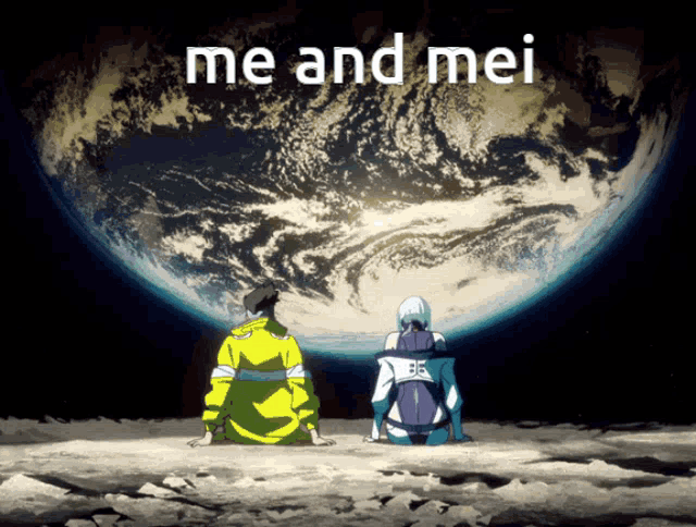 two people sitting on the moon looking at the earth with the words me and mei below them
