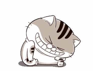 a cartoon cat is laughing with its mouth open and looking at the camera .