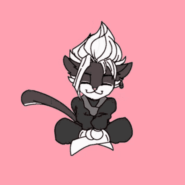 a black and white drawing of a cat sitting in a lotus position on a pink background