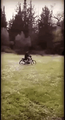 a person riding a motorcycle on a grassy field with trees in the background