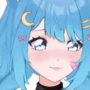 a close up of a blue haired anime girl with a crescent moon on her head