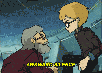 a cartoon of a man talking to another man with the words awkward silence written below them