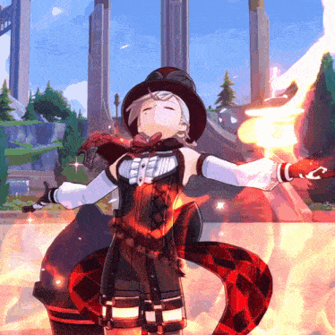 a girl with a hat and gloves is holding a flame in her hand