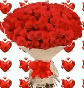 a bouquet of red roses is surrounded by hearts on a white background .