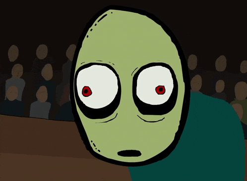 a cartoon of a green face with red eyes and a surprised look on his face