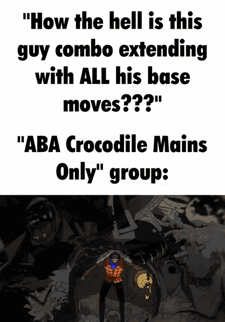 a meme that says " how the hell is this guy combo extending with all his base moves " and " aba crocodile mains only " group