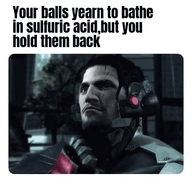a picture of a man with the words your balls yearn to bathe in sulfuric acid but you hold them back