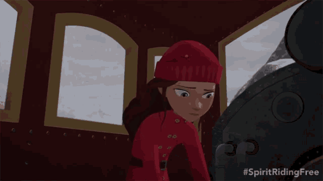 a cartoon of a girl in a red coat and hat with #spiritridingfree written below her