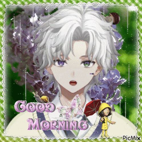 a picture of a boy with purple eyes and the words good morning on it