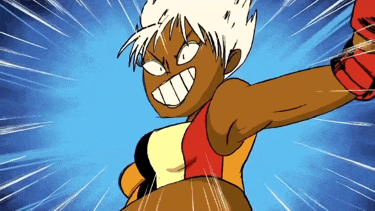 a cartoon character with white hair and a red glove