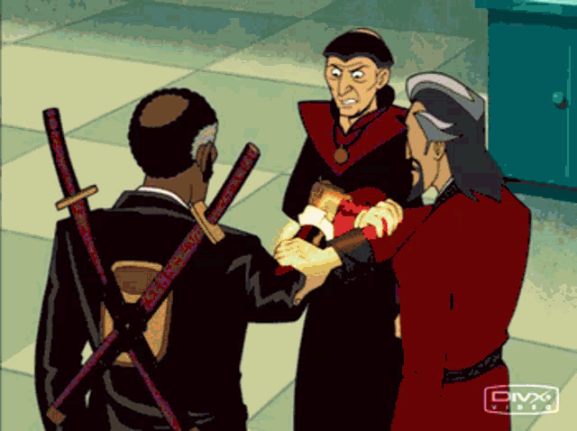 a cartoon of three men with divx video written on the bottom right corner
