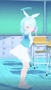 a girl in a blue shirt and white skirt is standing in a classroom with desks and chairs .