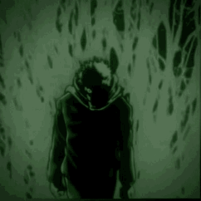 a black and white drawing of a man in a hooded jacket