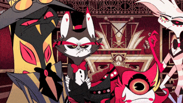 a group of cartoon characters are standing in front of a throne