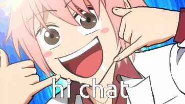 a cartoon girl with pink hair is pointing at her face and the words hi chat are above her