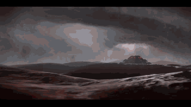 a painting of a stormy sky with a pyramid in the distance