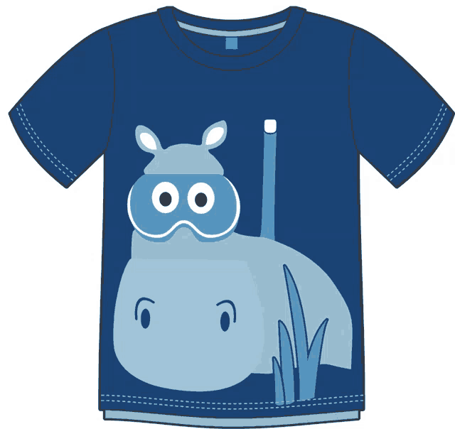 a blue t-shirt with a picture of a hippopotamus on it