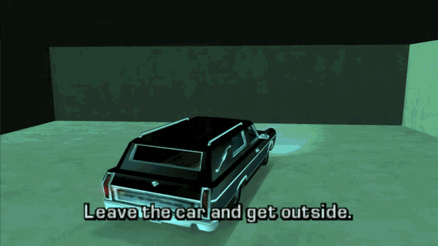 a car in a dark room with the words leave the car and get outside