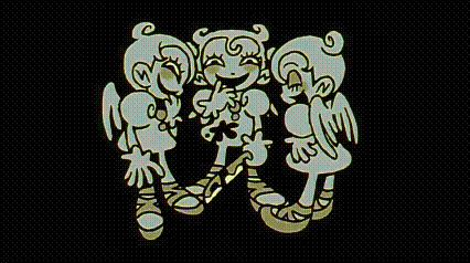 a black and white drawing of three cartoon characters standing next to each other on a black background .