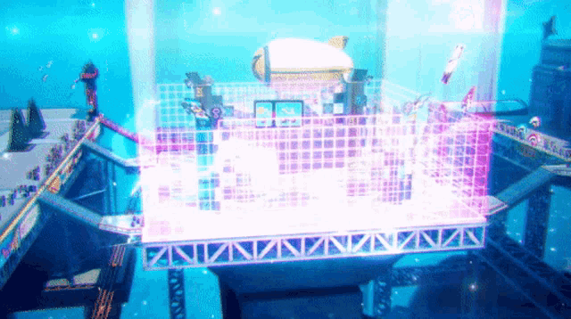 a video game scene with a purple light coming out of the top