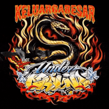 a snake is surrounded by flames and the words keluarga besar underneath it