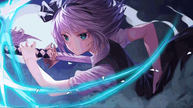 a girl with purple hair is holding a sword in her hand