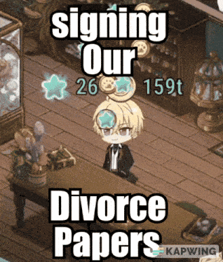 a picture of a boy sitting at a table with the words signing our divorce papers on it