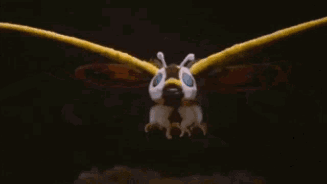 a close up of a stuffed moth with blue eyes and red wings .